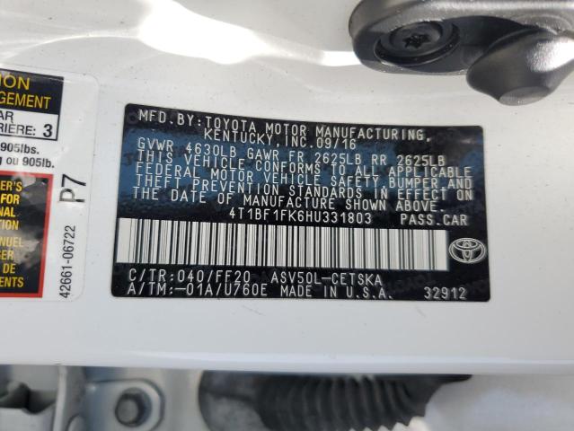 4T1BF1FK6HU331803 - 2017 TOYOTA CAMRY LE თეთრი ფოტო 12