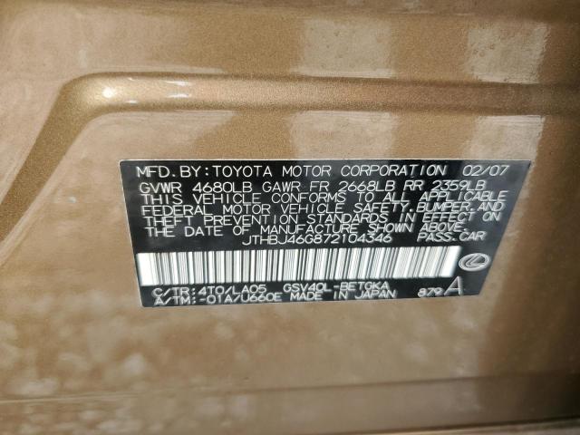 JTHBJ46G872104346 - 2007 LEXUS ES 350 GOLD photo 12