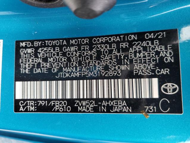 JTDKAMFP5M3192893 - 2021 TOYOTA PRIUS PRIM LE BLUE photo 13