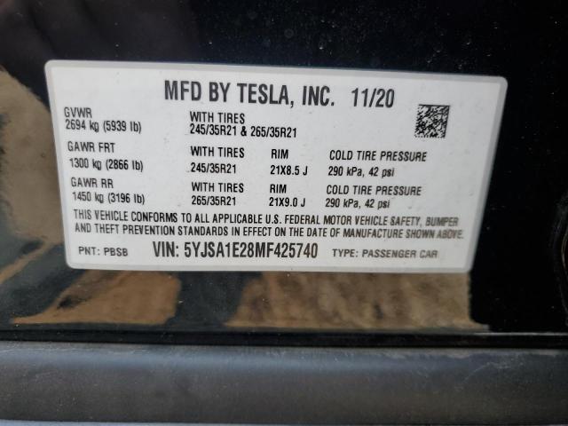 5YJSA1E28MF425740 - 2021 TESLA MODEL S Սև լուսանկար 12