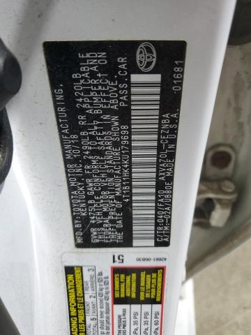 4T1B11HK4KU179698 - 2019 TOYOTA CAMRY L WHITE photo 12
