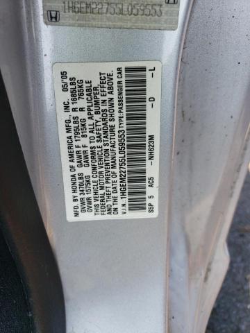 1HGEM22755L059553 - 2005 HONDA CIVIC HX SILVER photo 12