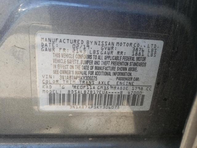 3N1AB7AP5KY306075 - 2019 NISSAN SENTRA S 灰色 照片 12