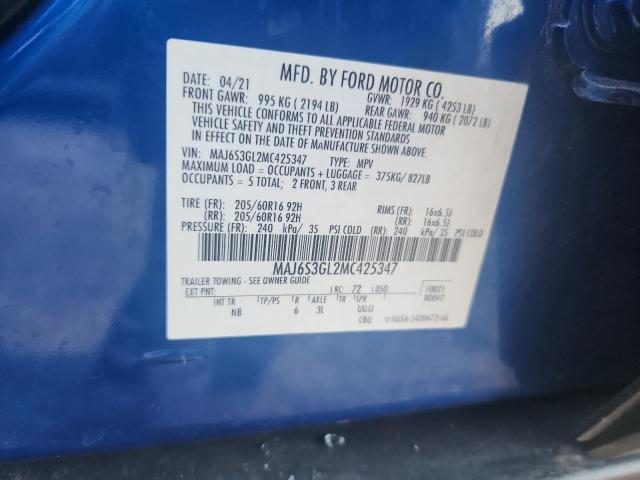 MAJ6S3GL2MC425347 - 2021 FORD ECOSPORT SE BLUE photo 12