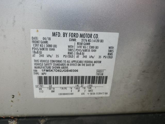 1FM5K7D82JGB40306 - 2018 FORD EXPLORER XLT Сріблястий фото 14