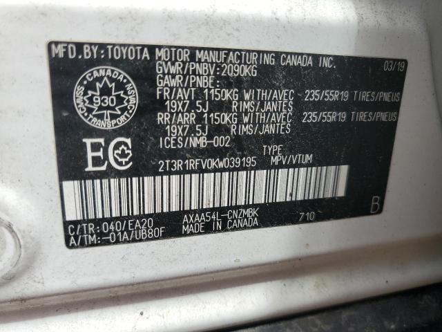 2T3R1RFV0KW039195 - 2019 TOYOTA RAV4 XLE Ağ foto 14