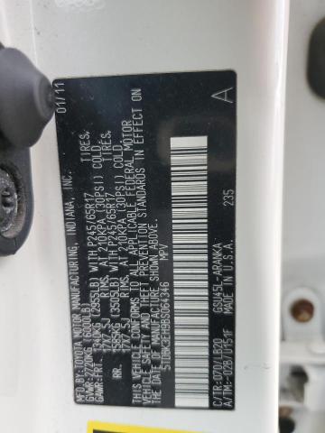 5TDBK3EH9BS064346 - 2011 TOYOTA HIGHLANDER BASE Սպիտակ լուսանկար 12