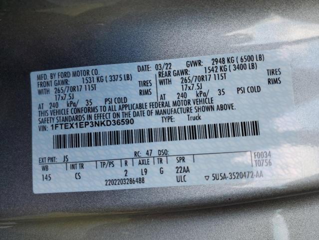 1FTEX1EP3NKD36590 - 2022 FORD F150 SUPER CAB SILVER photo 10