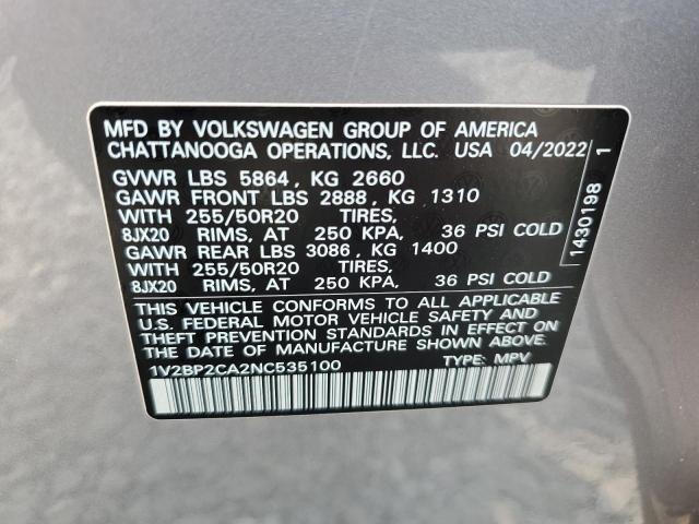 1V2BP2CA2NC535100 - 2022 VOLKSWAGEN ATLAS SEL 银色 照片 13