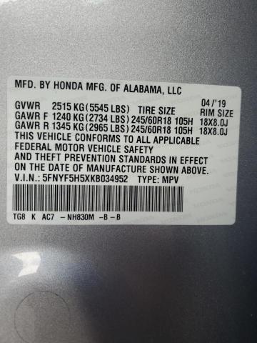 5FNYF5H5XKB034952 - 2019 HONDA PILOT EXL SILVER photo 13