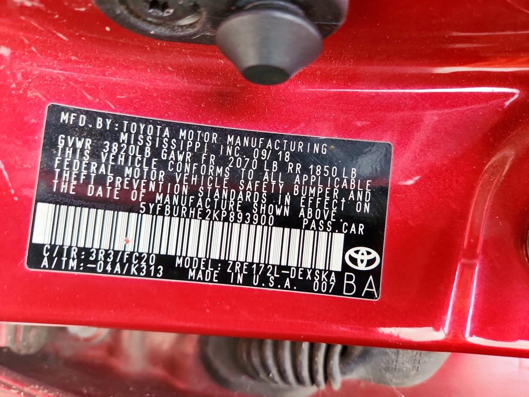 5YFBURHE2KP893900 - 2019 TOYOTA COROLLA L 红色 照片 13