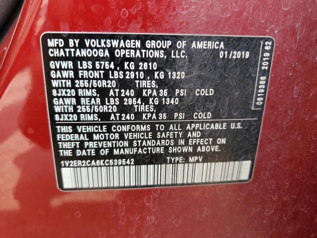 1V2ER2CA6KC539542 - 2019 VOLKSWAGEN ATLAS SEL RED photo 13