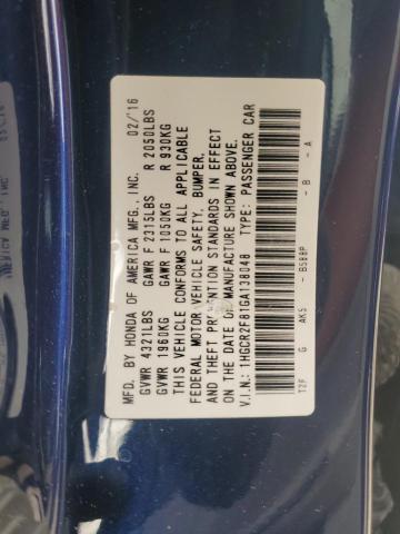 1HGCR2F81GA138048 - 2016 HONDA ACCORD EXL BLUE photo 12