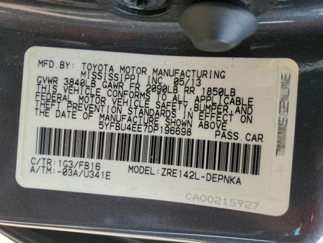 5YFBU4EE7DP196698 - 2013 TOYOTA COROLLA BASE GRAY photo 12