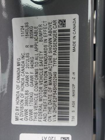 2HGFE2F54SH552949 - 2025 HONDA CIVIC SPORT GRAY photo 12