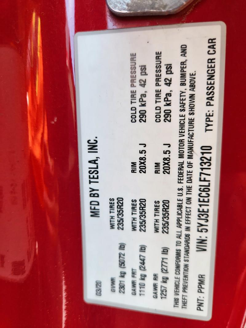 5YJ3E1EC6LF713210 - 2020 TESLA MODEL 3 Қызыл фото 12