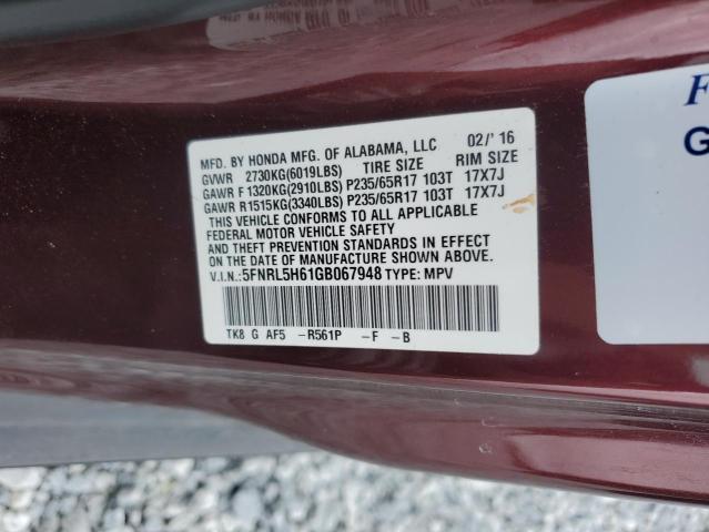 5FNRL5H61GB067948 - 2016 HONDA ODYSSEY EXL MAROON photo 14