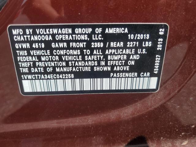 1VWCT7A34EC042258 - 2014 VOLKSWAGEN PASSAT SEL წითელი ფოტო 12