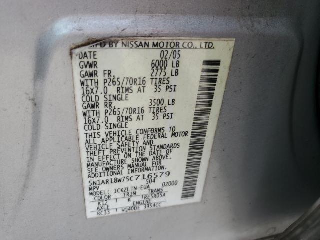 5N1AR18W75C716579 - 2005 NISSAN PATHFINDER LE Серебристый фото 13