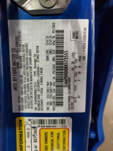 3FA6P0HD0KR173555 - 2019 FORD FUSION SE BLUE photo 13