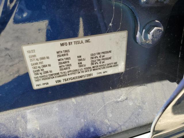 7SAYGAEE6NF573991 - 2022 TESLA MODEL Y BLUE photo 13