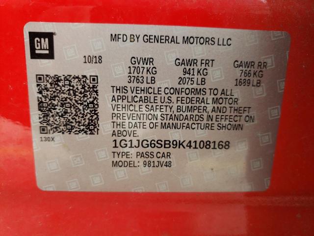 1G1JG6SB9K4108168 - 2019 CHEVROLET SONIC RED photo 13