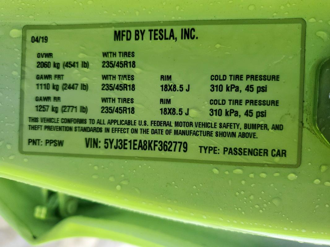 5YJ3E1EA8KF362779 - 2019 TESLA MODEL 3 Beyaz fotoğraf 13