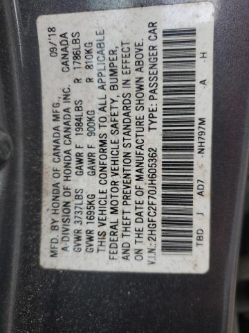 2HGFC2F70JH605362 - 2018 HONDA CIVIC EX 灰色 照片 13