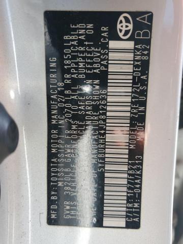 5YFBURHE4JP812636 - 2018 TOYOTA COROLLA L SILVER photo 12