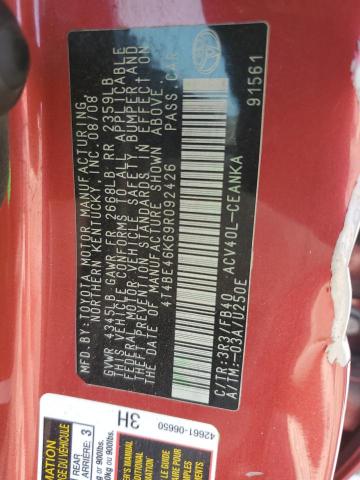 4T4BE46K69R092426 - 2009 TOYOTA CAMRY BASE RED photo 12