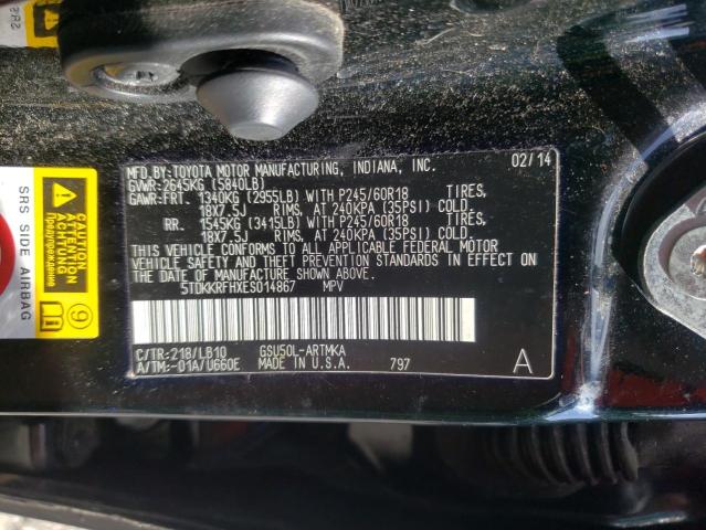5TDKKRFHXES014867 - 2014 TOYOTA HIGHLANDER XLE BLACK photo 13