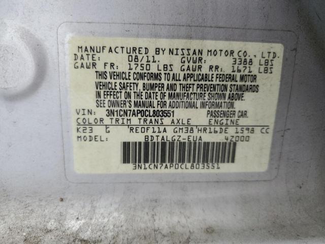 3N1CN7AP0CL803551 - 2012 NISSAN VERSA S 银色 照片 13