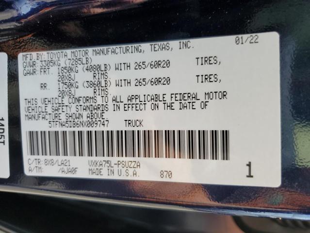 5TFNA5DB6NX009747 - 2022 TOYOTA TUNDRA CREWMAX PLATINUM Blau Foto 12