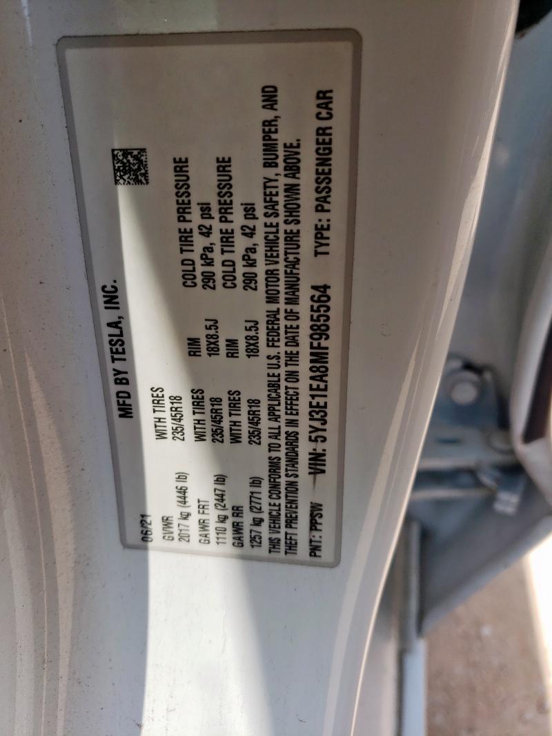 5YJ3E1EA8MF985564 - 2021 TESLA MODEL 3 WHITE photo 13