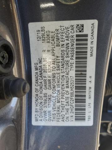 2HGFC2F68LH525317 - 2020 HONDA CIVIC LX ნაცრისფერი ფოტო 12