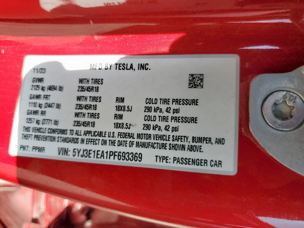 5YJ3E1EA1PF693369 - 2023 TESLA MODEL 3 RED photo 12