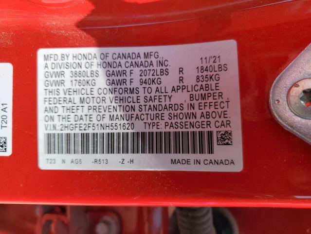 2HGFE2F51NH551620 - 2022 HONDA CIVIC SPORT წითელი ფოტო 13