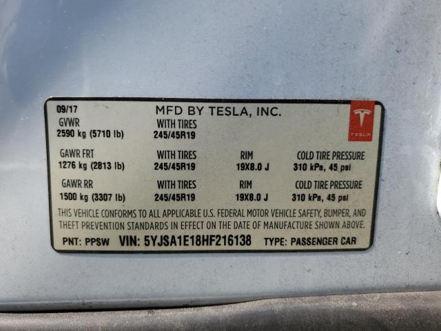 5YJSA1E18HF216138 - 2017 TESLA MODEL S WHITE photo 12