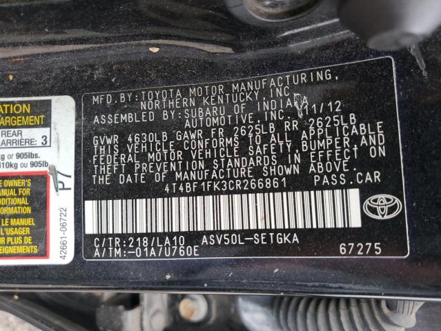 4T4BF1FK3CR266861 - 2012 TOYOTA CAMRY BASE BLACK photo 12