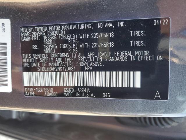 5TDGZRAH2NS120884 - 2022 TOYOTA HIGHLANDER XLE Grau Foto 14