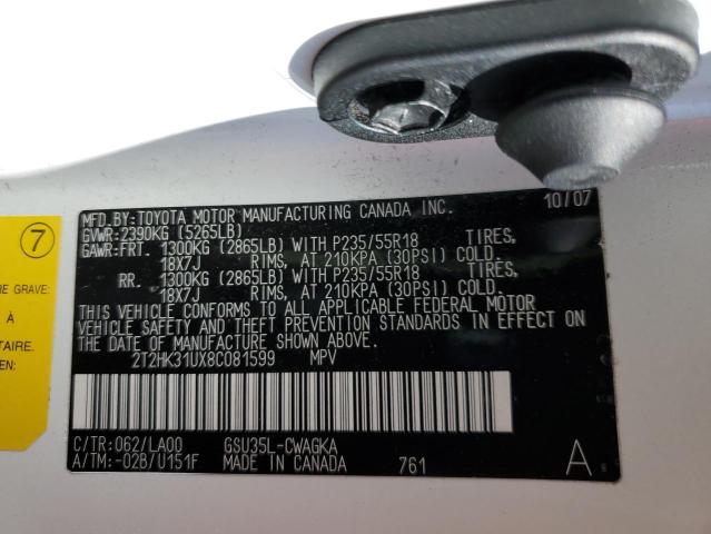 2T2HK31UX8C081599 - 2008 LEXUS RX 350 WHITE photo 14