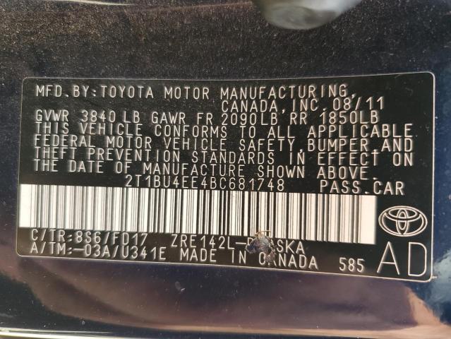 2T1BU4EE4BC681748 - 2011 TOYOTA COROLLA BASE BLUE photo 12