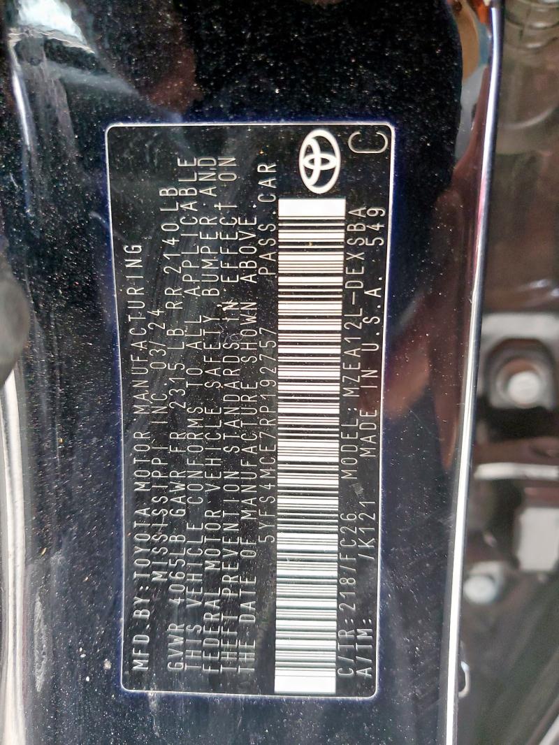 5YFS4MCE7RP192757 - 2024 TOYOTA COROLLA SE შავი ფოტო 12