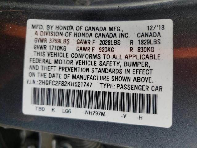 2HGFC2F82KH521747 - 2019 HONDA CIVIC SPORT 灰色 照片 10