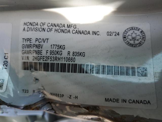 2HGFE2F53RH110660 - 2024 HONDA CIVIC SPORT WHITE photo 12