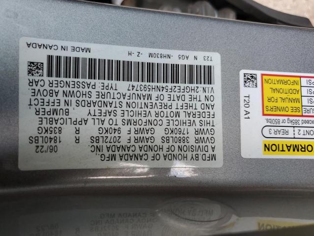 2HGFE2F54NH593747 - 2022 HONDA CIVIC SPORT SILVER photo 12