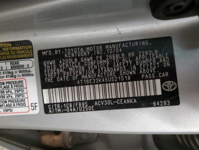 4T1BE32K45U521518 - 2005 TOYOTA CAMRY LE SILVER photo 12