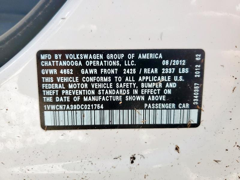 1VWCN7A39DC021754 - 2013 VOLKSWAGEN PASSAT SEL თეთრი ფოტო 12