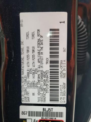 5TFUY5F12MX047521 - 2021 TOYOTA TUNDRA DOUBLE CAB SR/SR5 BLACK photo 12