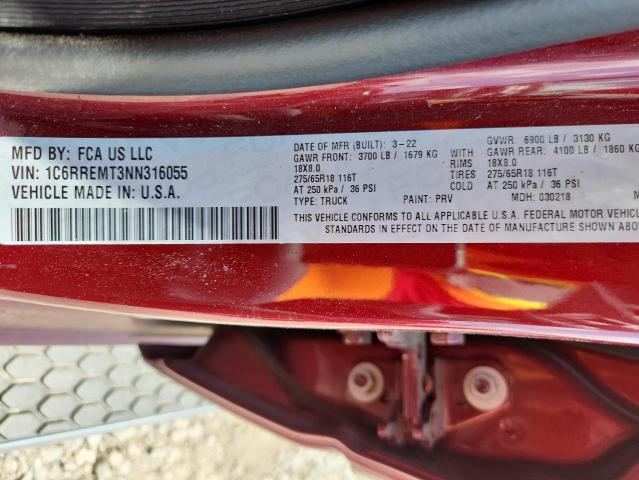 1C6RREMT3NN316055 - 2022 RAM 1500 BIG HORN/LONE STAR BURGUNDY photo 12